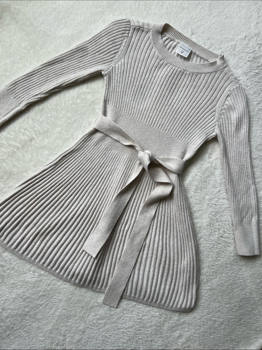 abercrombie kids Cream Ribbed Long-Sleeve Belted Sweater Dress